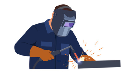 A welder in blue workwear mask on sparks flying from welding torch to metal