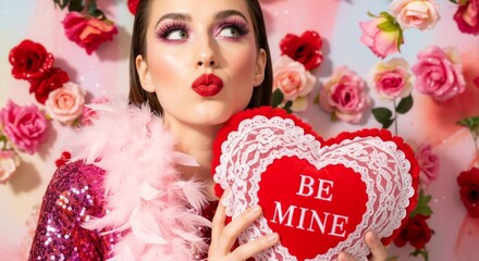 Glamorous woman with pink makeup holding a 'Be Mine' heart pillow. Posing with a kissing face for Valentine's Day against a floral background