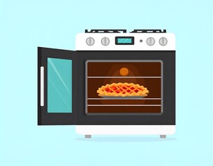Illustration of a pie baking inside an open oven, with a light blue background.