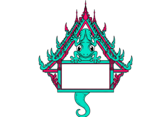 Stylized gecko perched on a vibrant turquoise and magenta Thai temple roof, isolated on black.