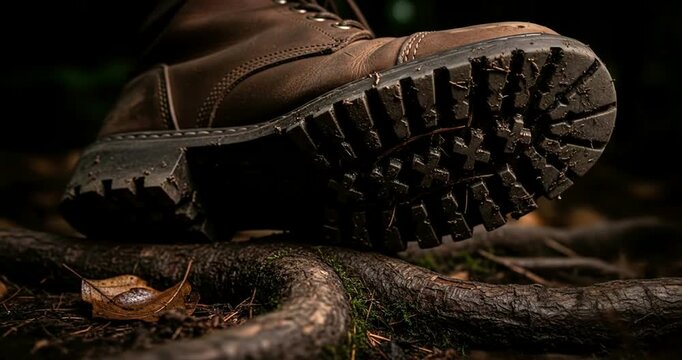 Close-up of a rugged brown boot stepping on a tree root in a forest setting
