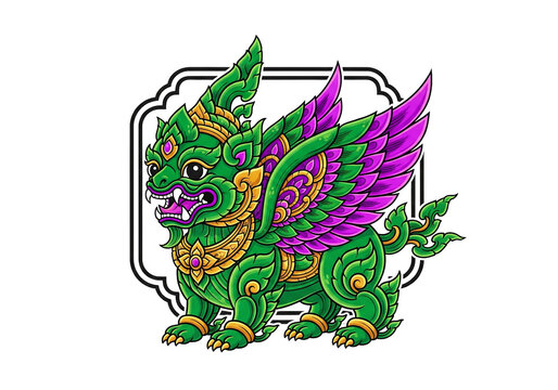 Thai mythical creature, Singha, guardian, ancient folklore illustration.