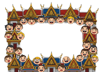 Happy diverse children peeking from behind ornate Thai temple roofs.