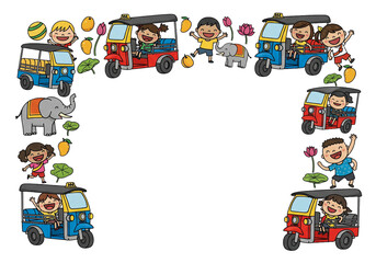 Fototapeta premium Joyful children celebrating in Thailand with tuk-tuks, elephants, mangoes, and lotus flowers.