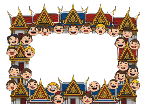 Happy diverse children peeking from behind ornate Thai temple roofs.