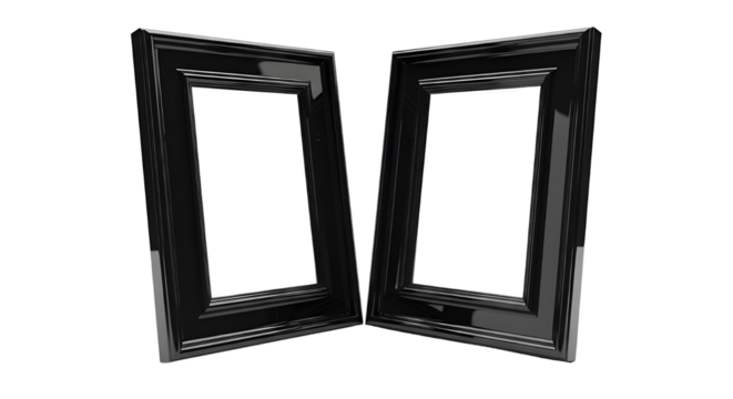 Two shiny black picture frames for portraits and art isolated PNG with Transparent Background