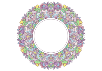 Intricate mandala frame with floral and paisley elements in soft pastel colors.