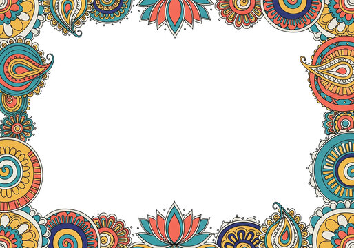 Colorful paisley and floral border with black background, inspired by Indian art and culture.