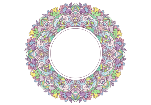 Intricate mandala frame with floral and paisley elements in soft pastel colors.