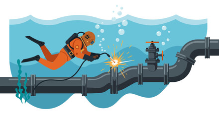 Diver welding pipe underwater with bubbles and seaweed orange suit