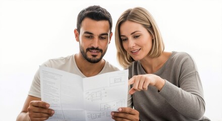 A young couple reads instructions to assemble new furniture. Man and woman working together on a DIY home project. Teamwork and collaboration concept
