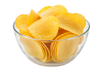 Delicious golden potato chips piled high in a clear glass bowl, ready for snacking