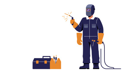 Welder in mask gloves jumpsuit welding with toolbox on the ground