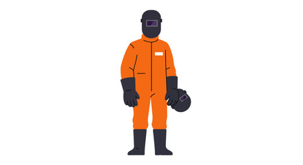 Welder in orange jumpsuit gloves and helmet holding spare helmet