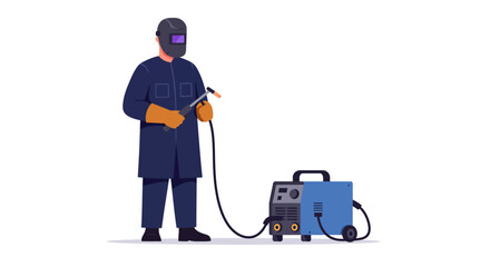 Welder in protective gear holds a welding torch next to a blue welding machine
