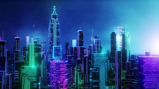 Neon cityscape under starry sky