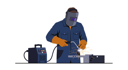 Welder in safety gear welds metal with sparks tool and machine on a work surface