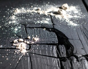 Dark wood surface speckled with light colored powders and tiny beads