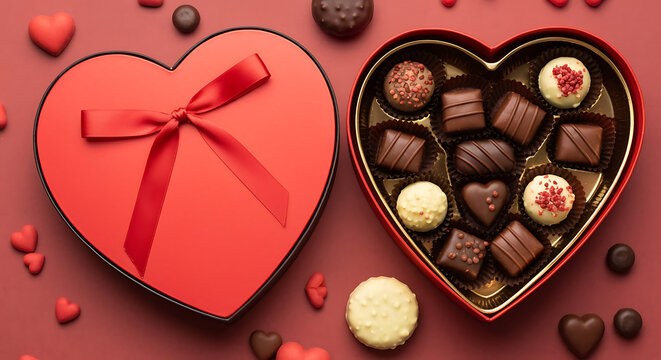 Overhead flat lay of an open red heart-shaped gift box filled with assorted gourmet chocolates and truffles next to a closed heart box with a satin ribbon on a festive red background, perfect for Vale