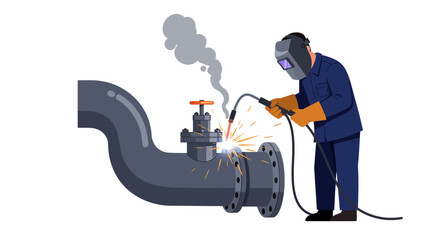 Welder welding a pipeline with valve emitting sparks and smoke