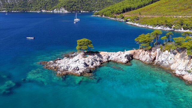 The famous Amarantos Cape with three Pine Trees and turquoise sea, known from the Mamma Mia movie, Skopelos island, Sporades, Greece
