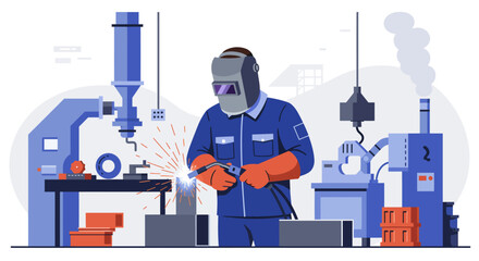 Welder works in factory with sparks wearing a mask  gloves with machines in background