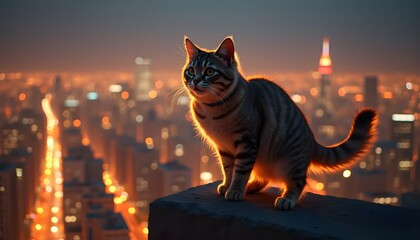 Adventurous Cat Walking On Edge Above Sparkling Lights Of City Skyline