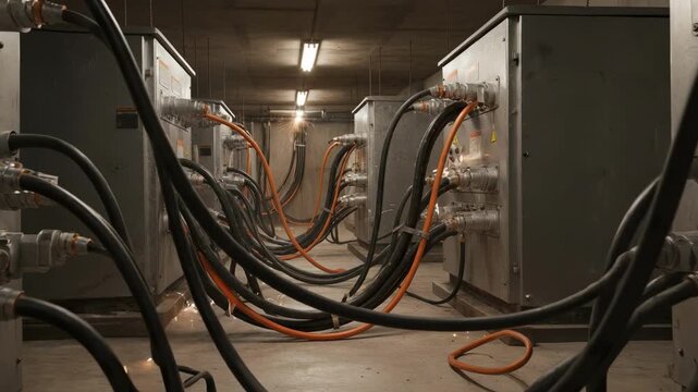 Medium shot capturing cable connectors securely linking power supply units highlighting robust infrastructure for underground energy delivery.
