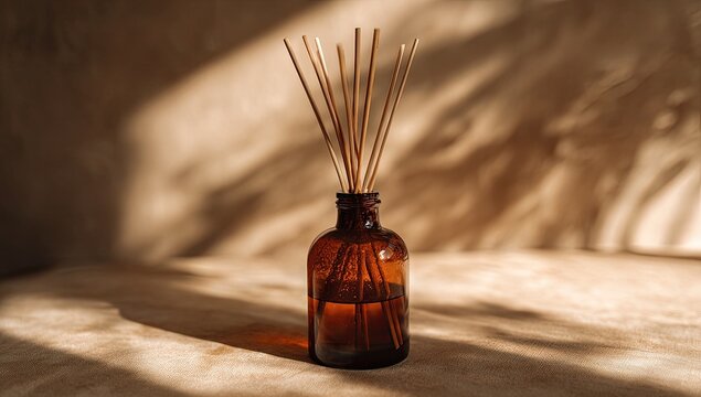 A brown glass diffuser with reed sticks sits against a backdrop, lit by natural light and shadows