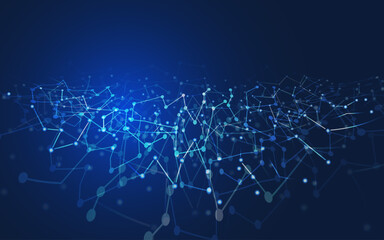 Obraz premium Abstract tech network connection dots. Digital technology and big data analysis background. White background with plexus lines. Geometric background with abstract mesh