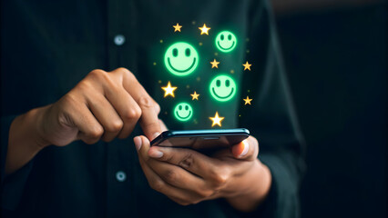 Customer experience satisfaction survey concept user gives rating to service experience on online application client giving a positive feedback via smartphone