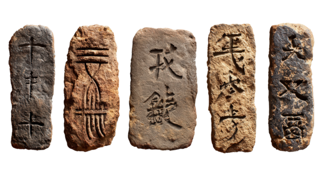 Ancient oracle bone script symbols background isolated on a Transparent background, PNG file.