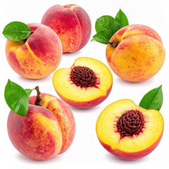 Fresh peaches, whole and sliced, with leaves