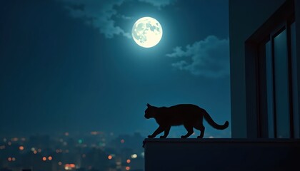 Fluffy Feline Balancing At Night Surrounded By Stars And City Lights