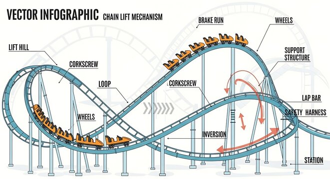 Rollercoaster Chain Lift Mechanism Vector Infographic Illustration.