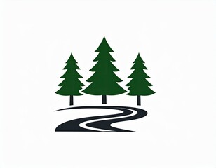 Forest road, three green trees, winding dark path