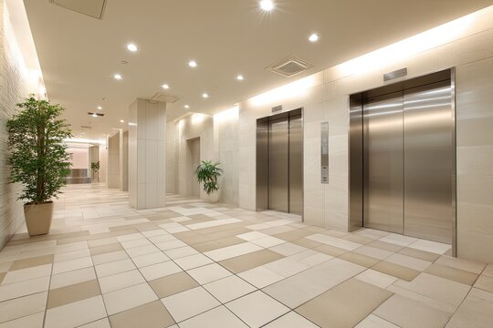 Spacious interior of a modern building hallway with multiple elevators and decorative plants