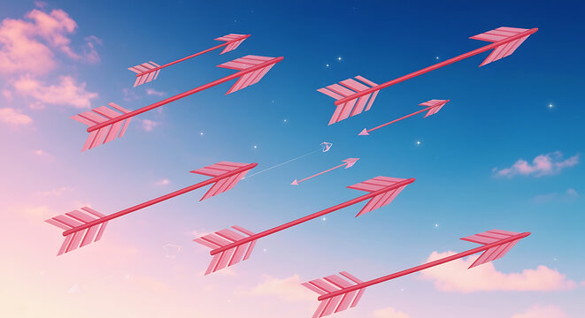 Stylized pink arrows pointing upwards against a beautiful gradient sky with soft clouds and sparkling stars, conveying themes of growth, purpose, inspiration, positive momentum, future goals, and achi