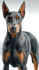 Obraz premium Doberman pinscher stands proudly, showcasing its athletic build, glossy coat, and alert expression in a bright indoor setting