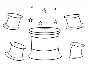 Cartoon magic hats floating around a cylindrical platform