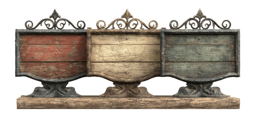 Three Vintage Wooden Signboards with Ornate Metal Frames on Transparent Background