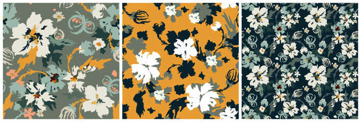 Seamless Floral Vector Patterns Set &ndash; Vintage Retro Flowers on Mustard Yellow, Sage Green and Dark Blue Backgrounds