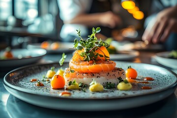 Gourmet salmon dish with microgreens and artistic plating in fine dining restaurant