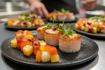 Grilled scallops served with colorful vegetables and microgreens in a restaurant setting