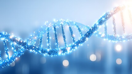 A close-up view of a glowing blue DNA double helix structure. 