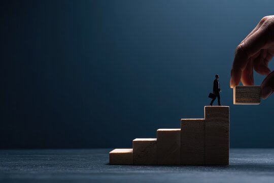 A tiny figure in a suit walks up wooden stairs as a hand places the final step