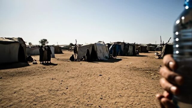 Man offering a plastic water bottle in a desert displaced camp, environmental crisis footage.