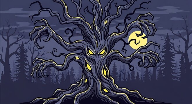 Spooky Halloween Haunted Tree Monster Scary Forest Moon.