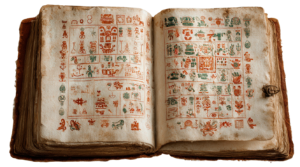 Aztec codex with pictographs background isolated on a Transparent background, PNG file.