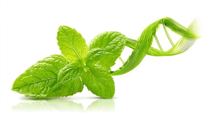 Fresh green mint leaves with a DNA strand intertwined, symbolizing the connection between nature and science. Ideal for concepts of genetics and herbal medicine.